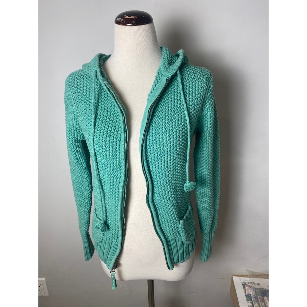Vintage 90s Old Navy Chunky Knit Zip Up Hoodie Turquoise Cotton Sweater M
